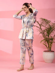 3Pcs Women Poly Satin Night Suit - SanskrutiHomes 