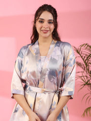 3Pcs Women Poly Satin Night Suit - SanskrutiHomes 