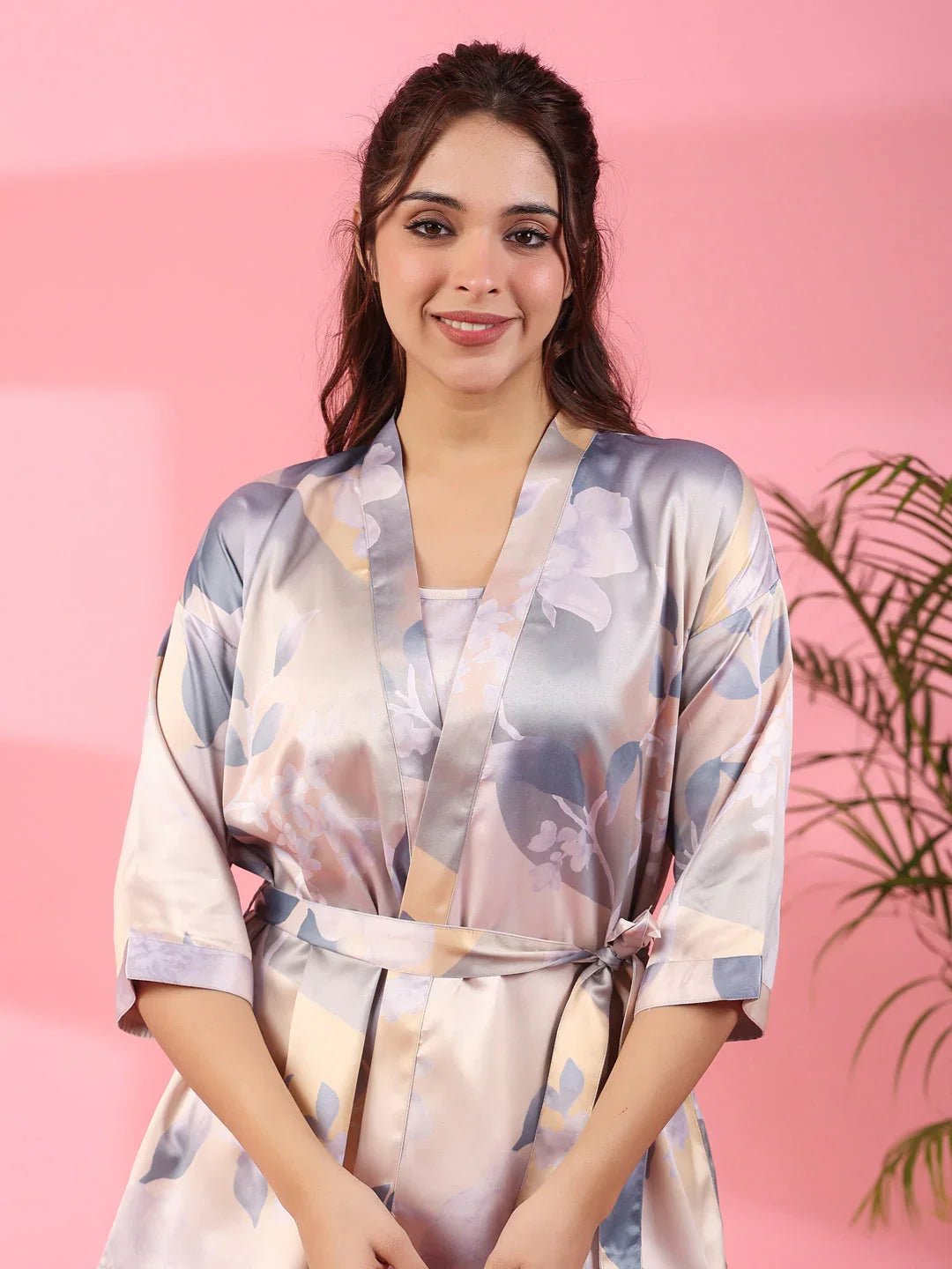 3Pcs Women Poly Satin Night Suit - SanskrutiHomes 