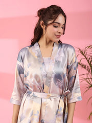 3Pcs Women Poly Satin Night Suit - SanskrutiHomes 