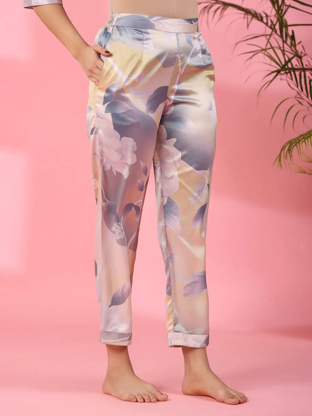 3Pcs Women Poly Satin Night Suit - SanskrutiHomes 