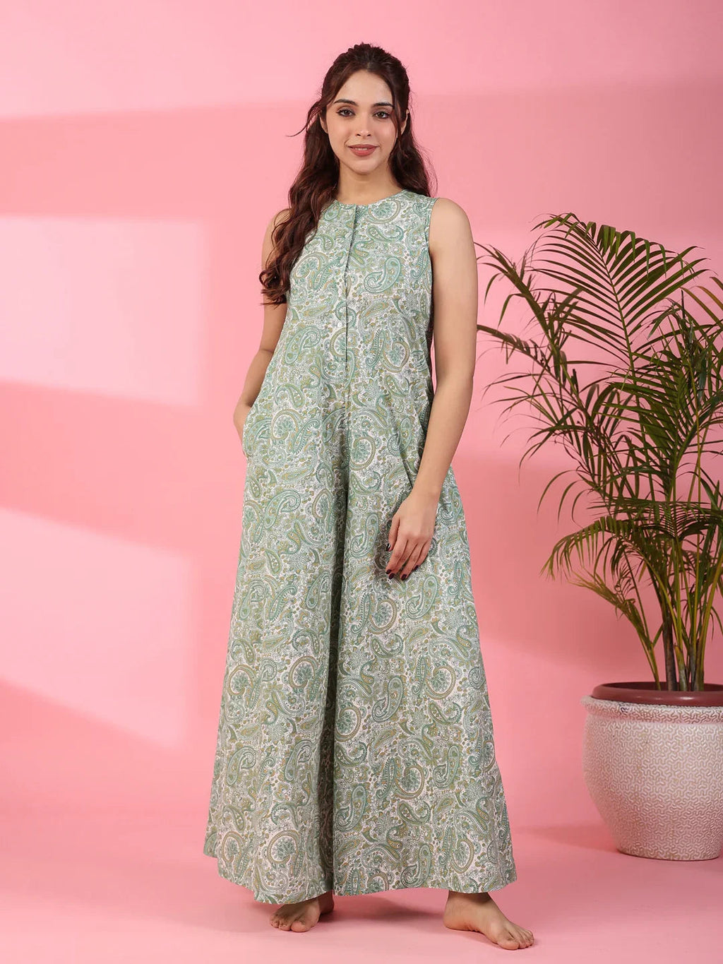 Printed sleeveless cotton Jumpsuit - SanskrutiHomes 