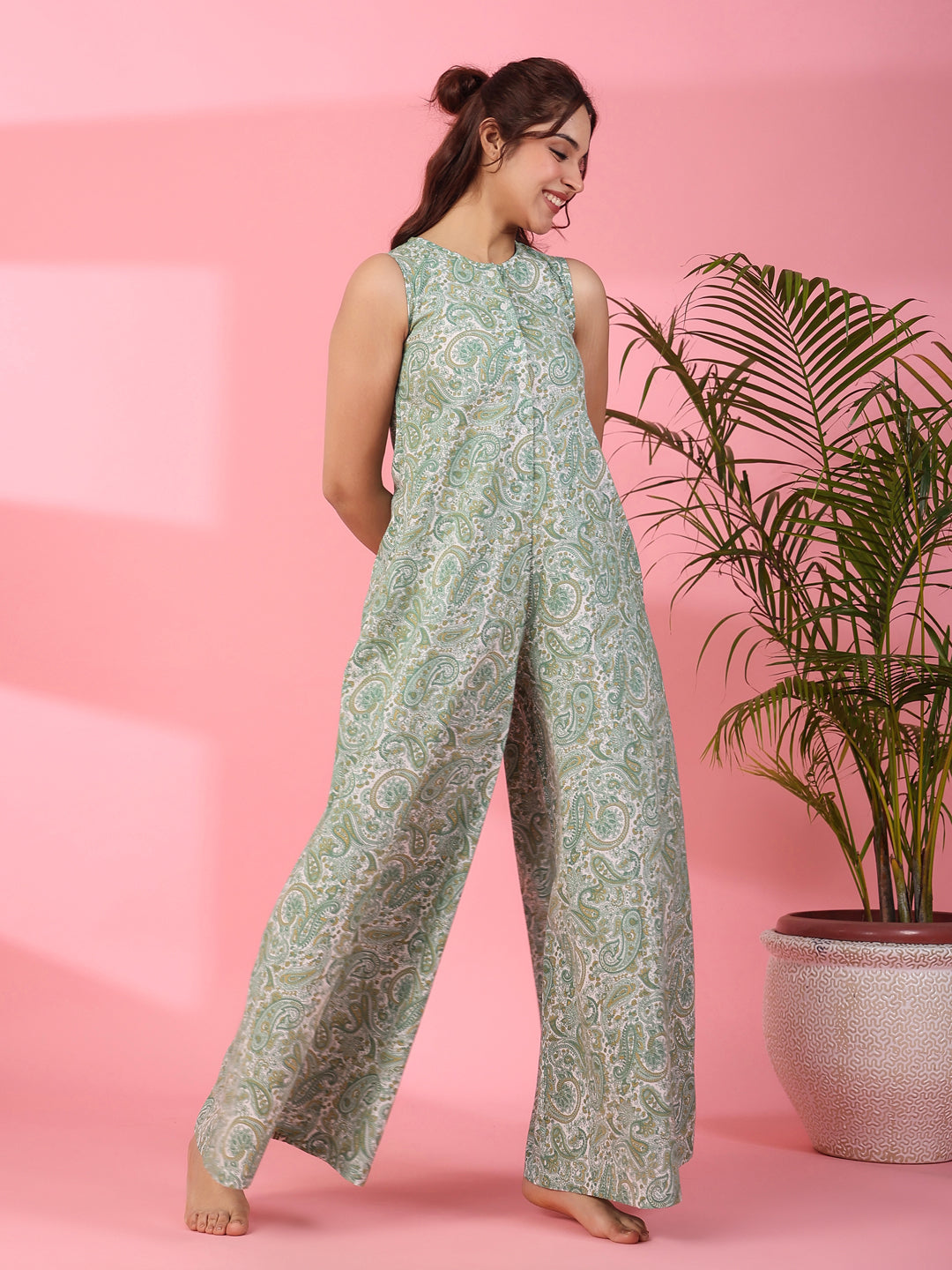 Printed sleeveless cotton Jumpsuit - SanskrutiHomes 