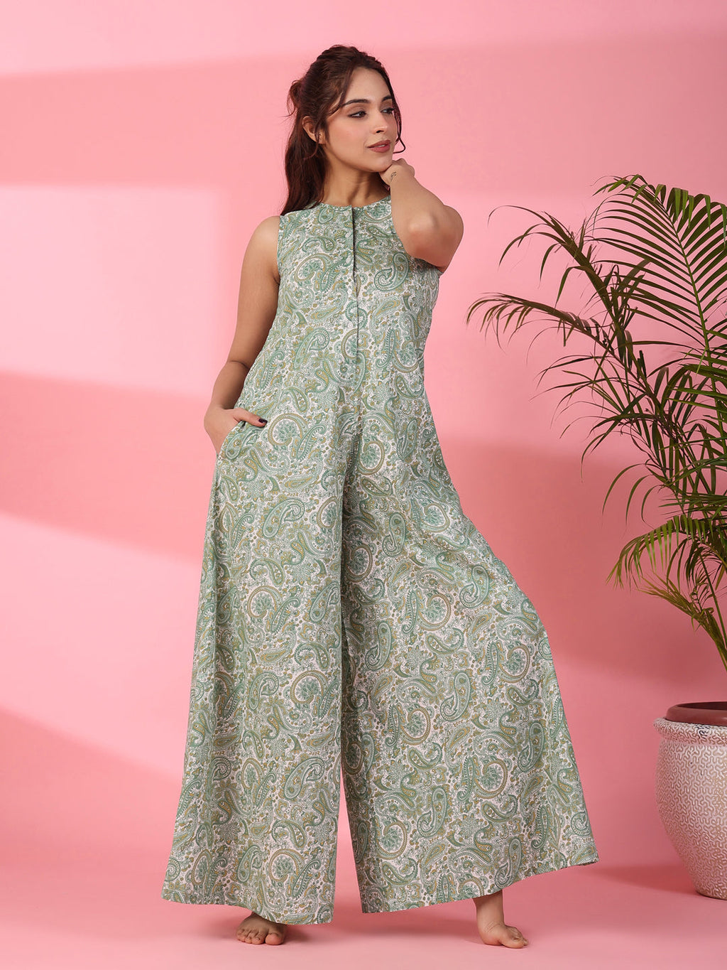 Printed sleeveless cotton Jumpsuit - SanskrutiHomes 