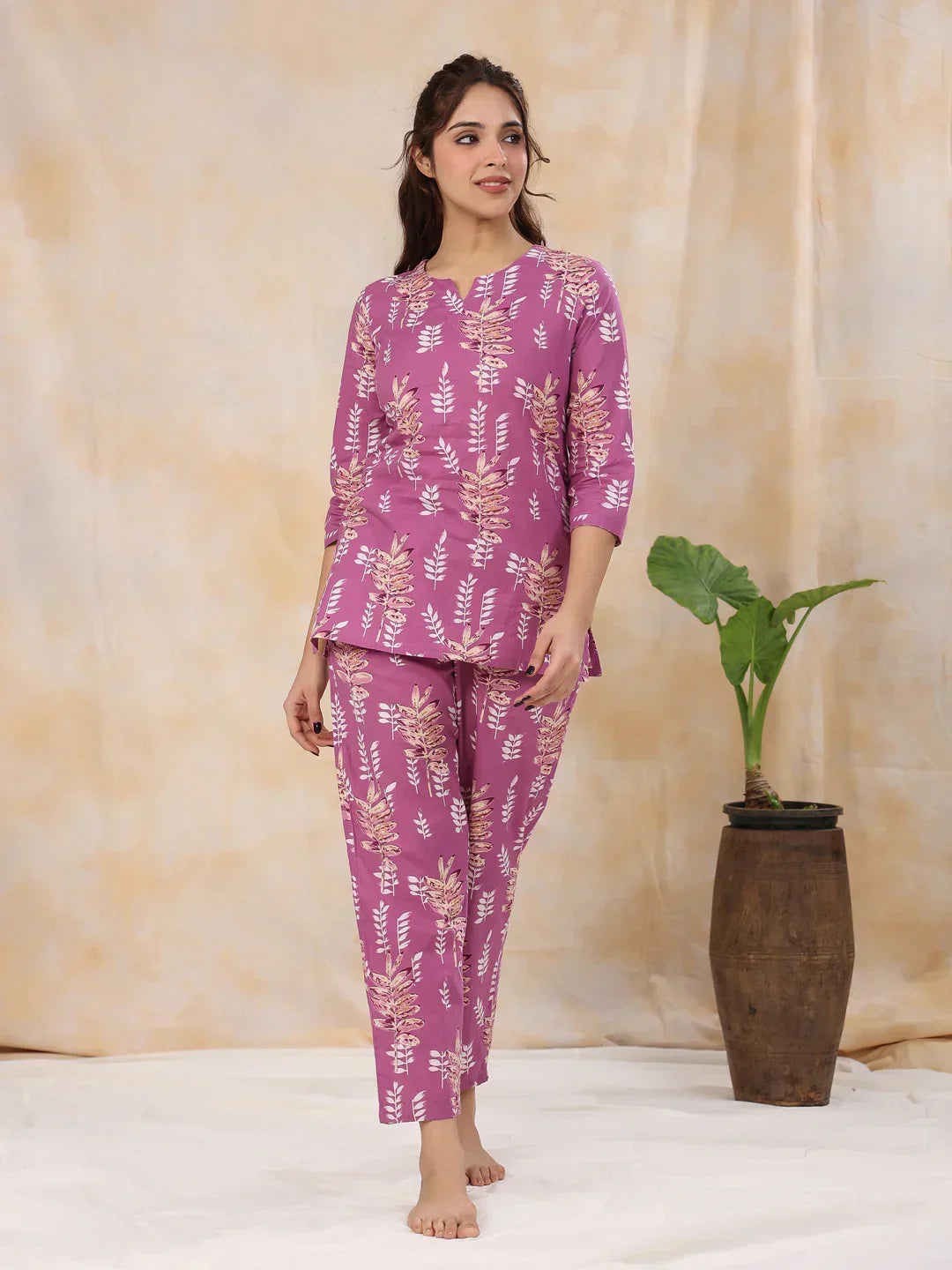 HEATHER MAUVE Cotton Night Suit - SanskrutiHomes 