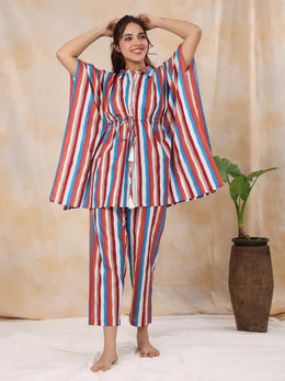 Red stripes Kaftan sleep Set - SanskrutiHomes 