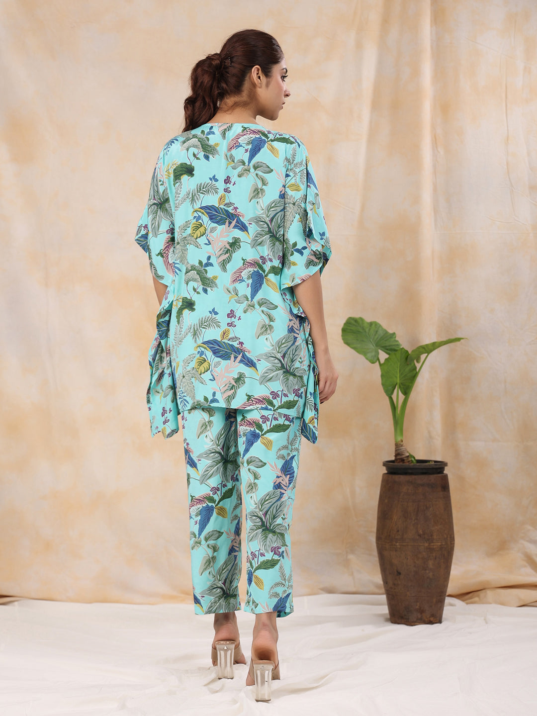 Floral Baby Blue  Silk Blend Kaftan Kurta With Trousers