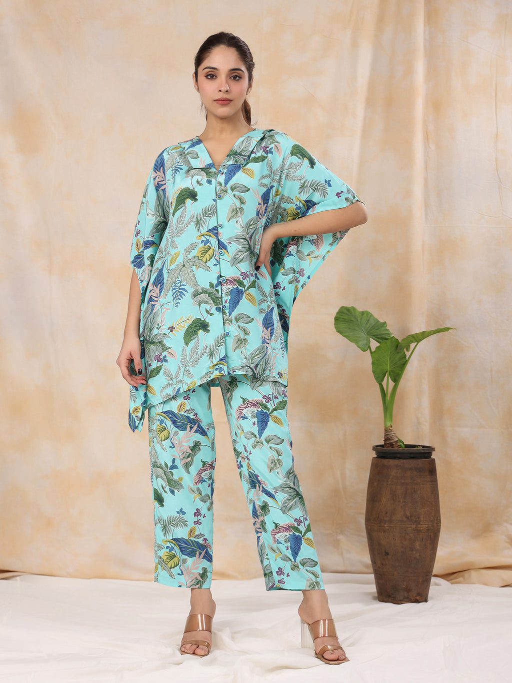 Floral Baby Blue  Silk Blend Kaftan Kurta With Trousers