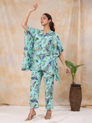 Floral Baby Blue  Silk Blend Kaftan Kurta With Trousers