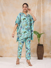 Floral Baby Blue  Silk Blend Kaftan Kurta With Trousers