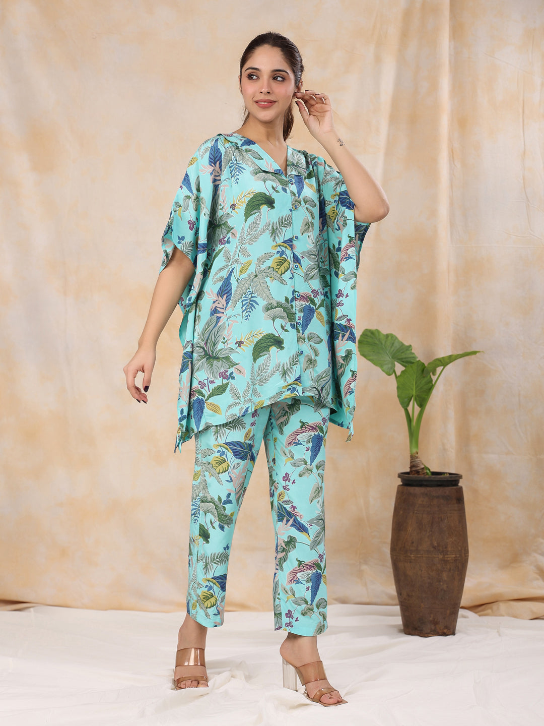 Floral Baby Blue  Silk Blend Kaftan Kurta With Trousers