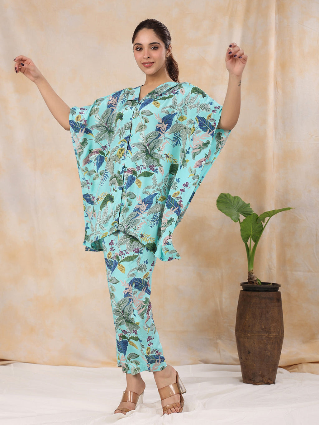 Floral Baby Blue  Silk Blend Kaftan Kurta With Trousers