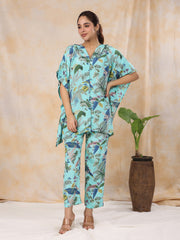 Floral Baby Blue  Silk Blend Kaftan Kurta With Trousers