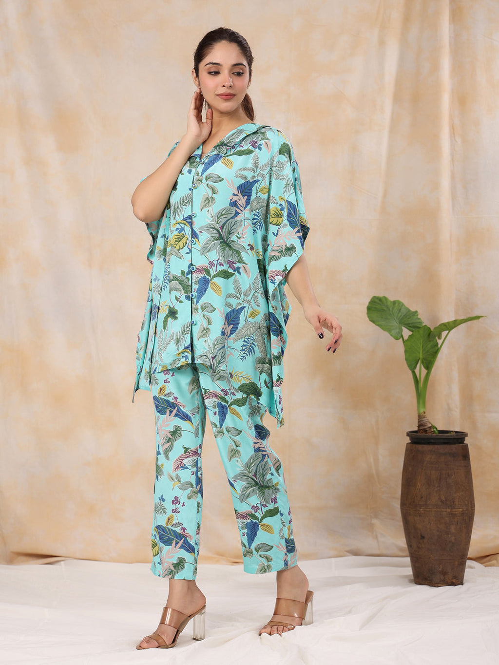 Floral Baby Blue  Silk Blend Kaftan Kurta With Trousers