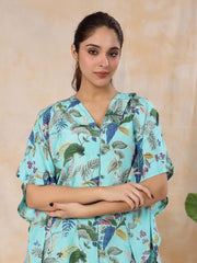 Floral Baby Blue  Silk Blend Kaftan Kurta With Trousers