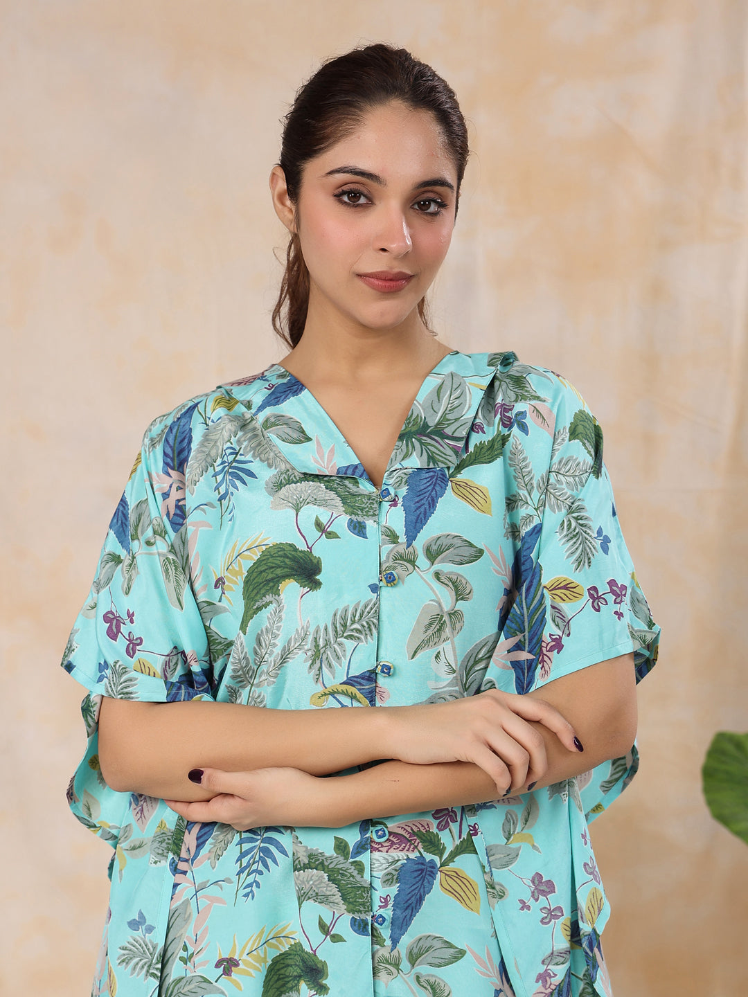 Floral Baby Blue  Silk Blend Kaftan Kurta With Trousers