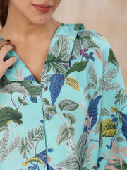 Floral Baby Blue  Silk Blend Kaftan Kurta With Trousers