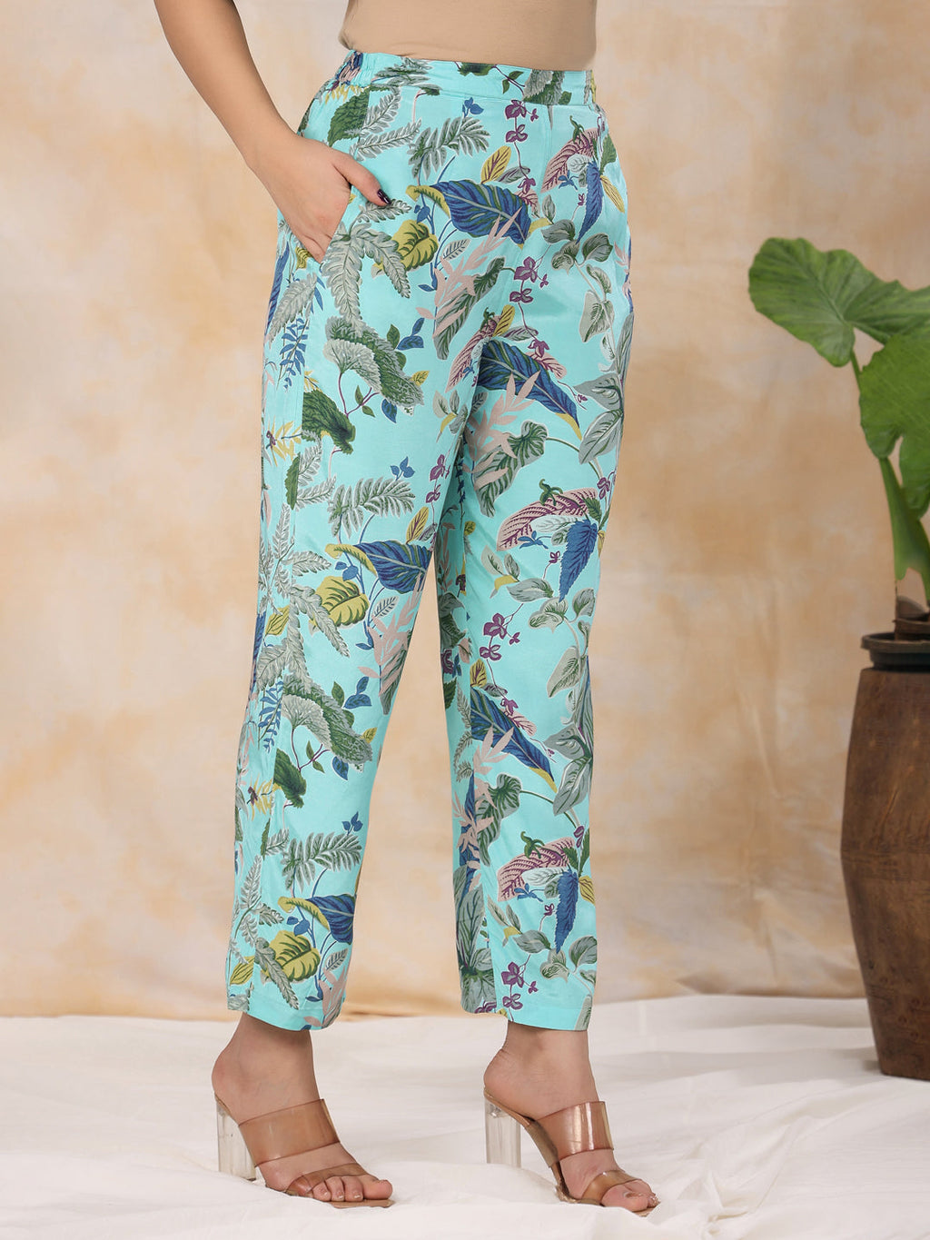 Floral Baby Blue  Silk Blend Kaftan Kurta With Trousers