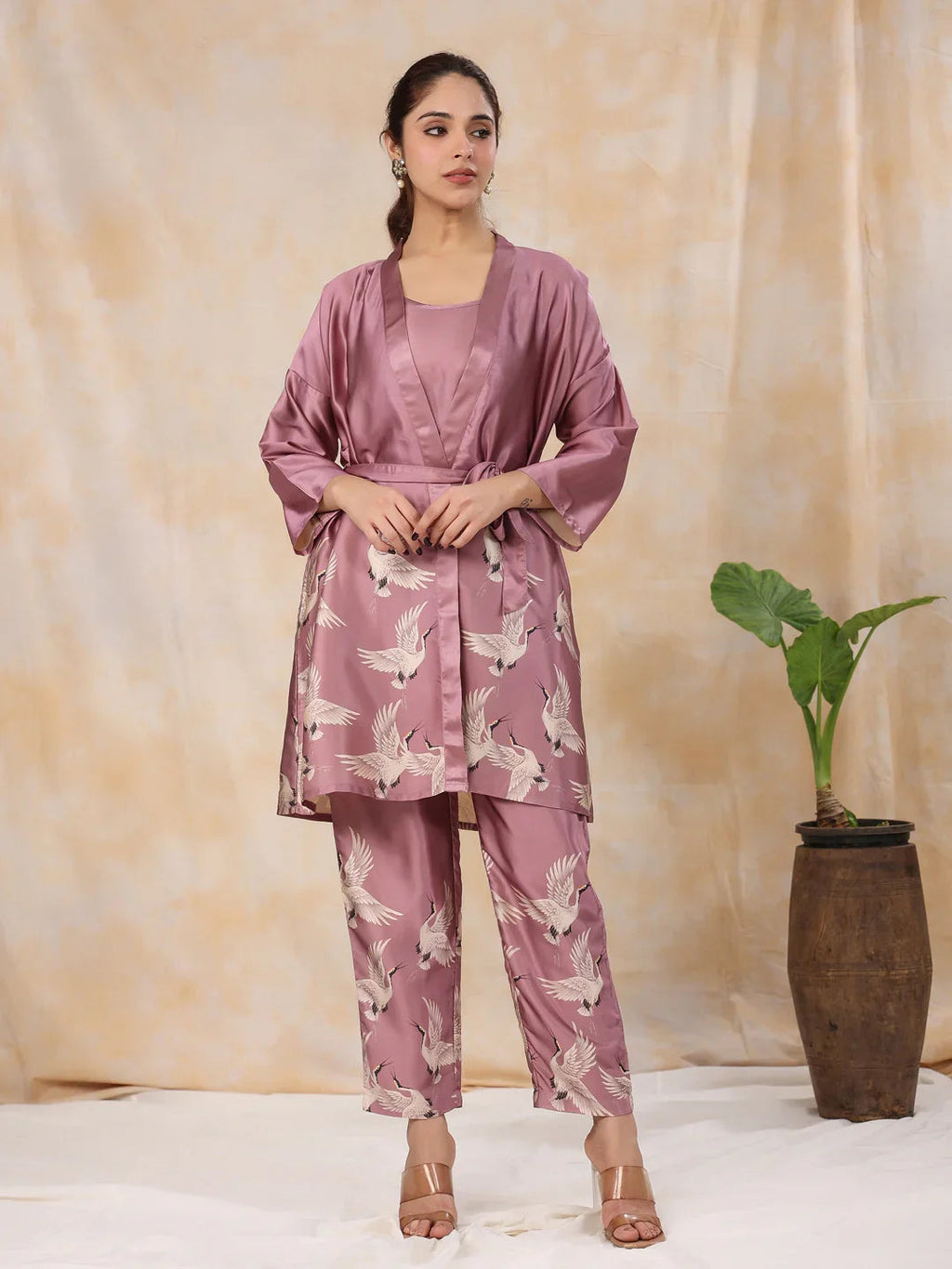 SUGAR PLUM 4 PC SATIN Night Suit Set with Pyjama and shorts - SanskrutiHomes 