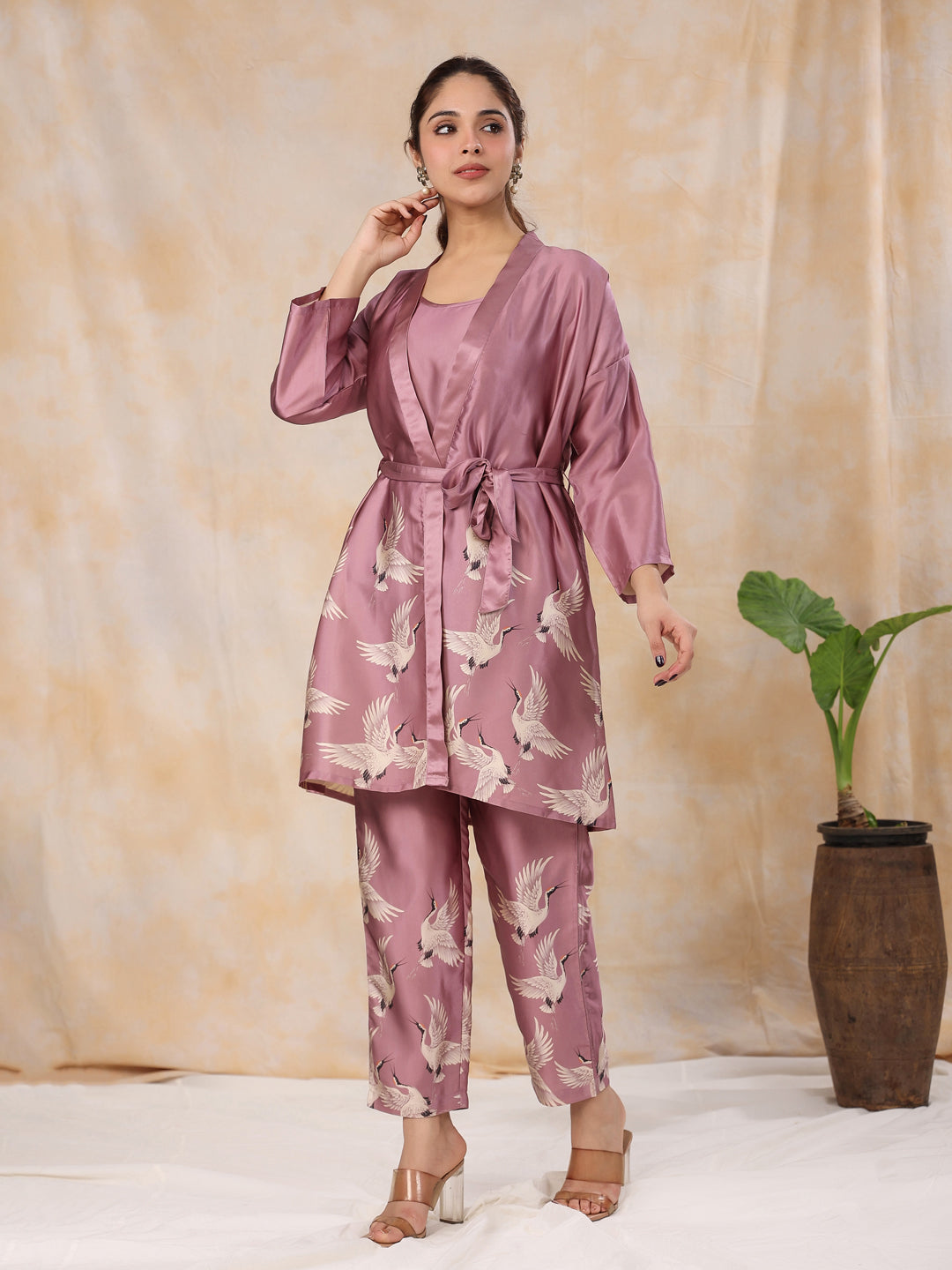 SUGAR PLUM 4 PC SATIN Night Suit Set with Pyjama and shorts - SanskrutiHomes 
