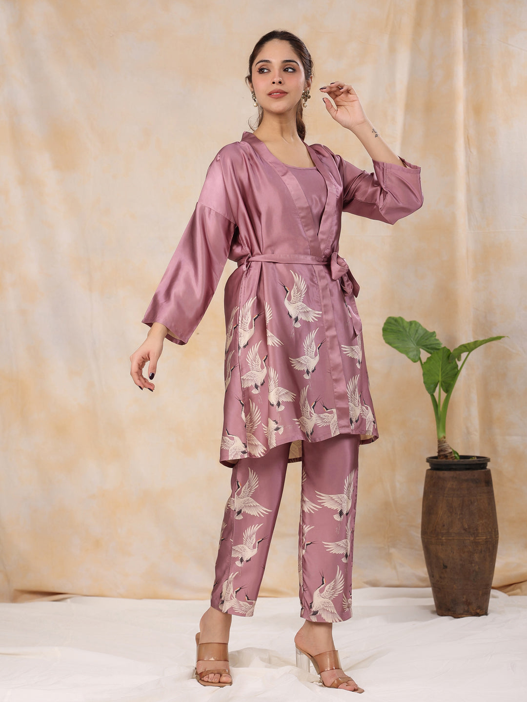 SUGAR PLUM 4 PC SATIN Night Suit Set with Pyjama and shorts - SanskrutiHomes 