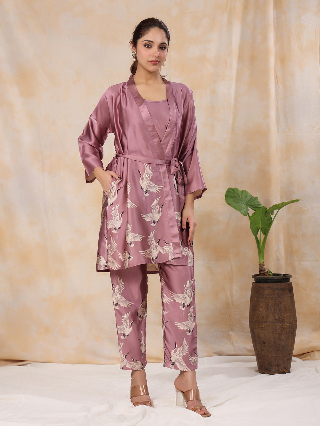 SUGAR PLUM 4 PC SATIN Night Suit Set with Pyjama and shorts - SanskrutiHomes 