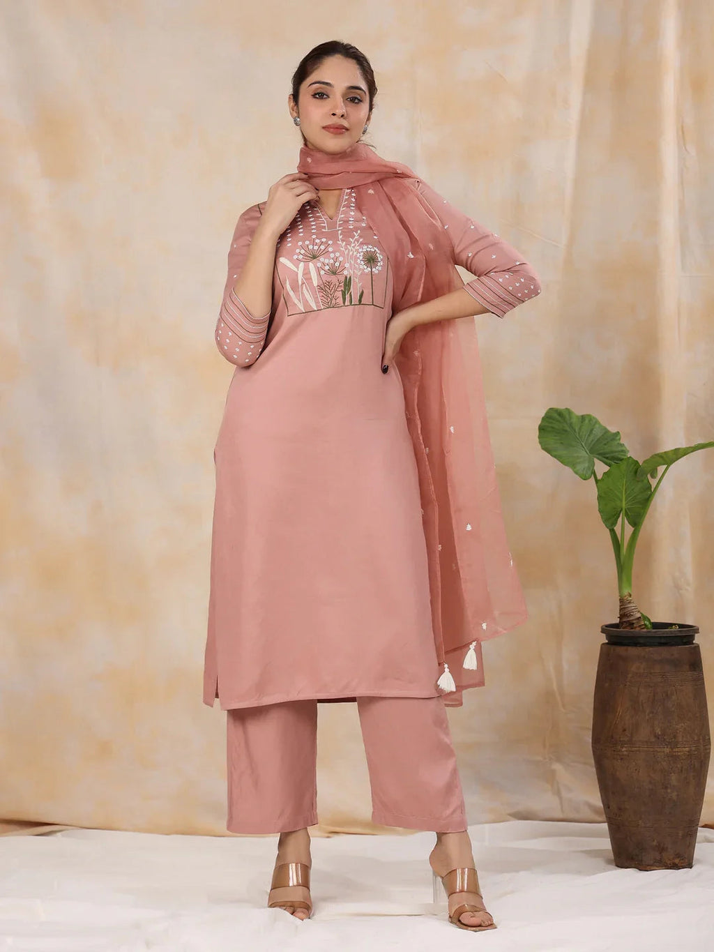 Women' s Floral Embroidered Satin Straight Kurta with Trouser & Dupatta Set - SanskrutiHomes 