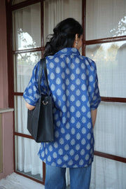 Blue Floral Print Cotton Shirt Collar Top for Women - SanskrutiHomes 