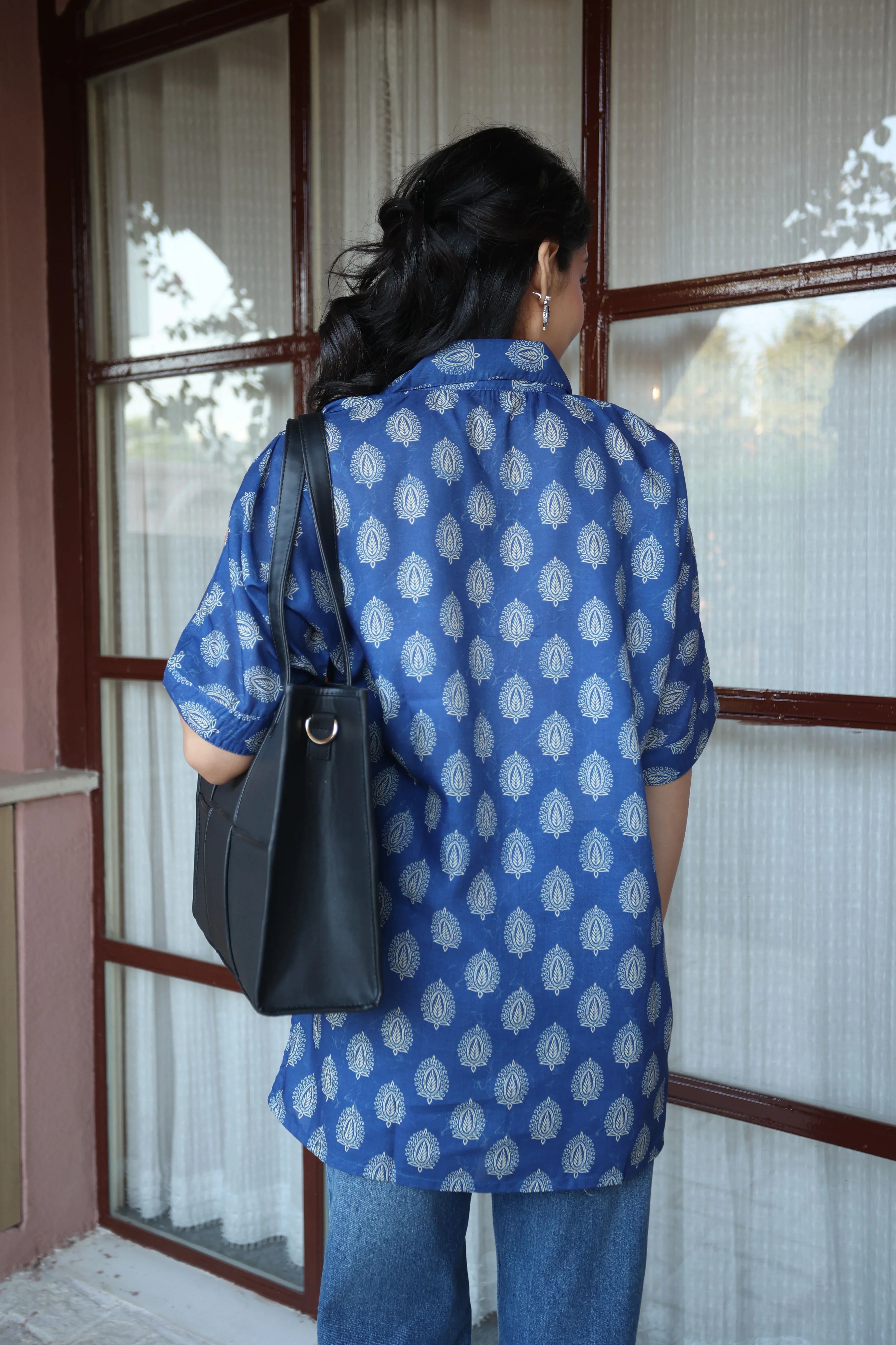 Blue Floral Print Cotton Shirt Collar Top for Women - SanskrutiHomes 