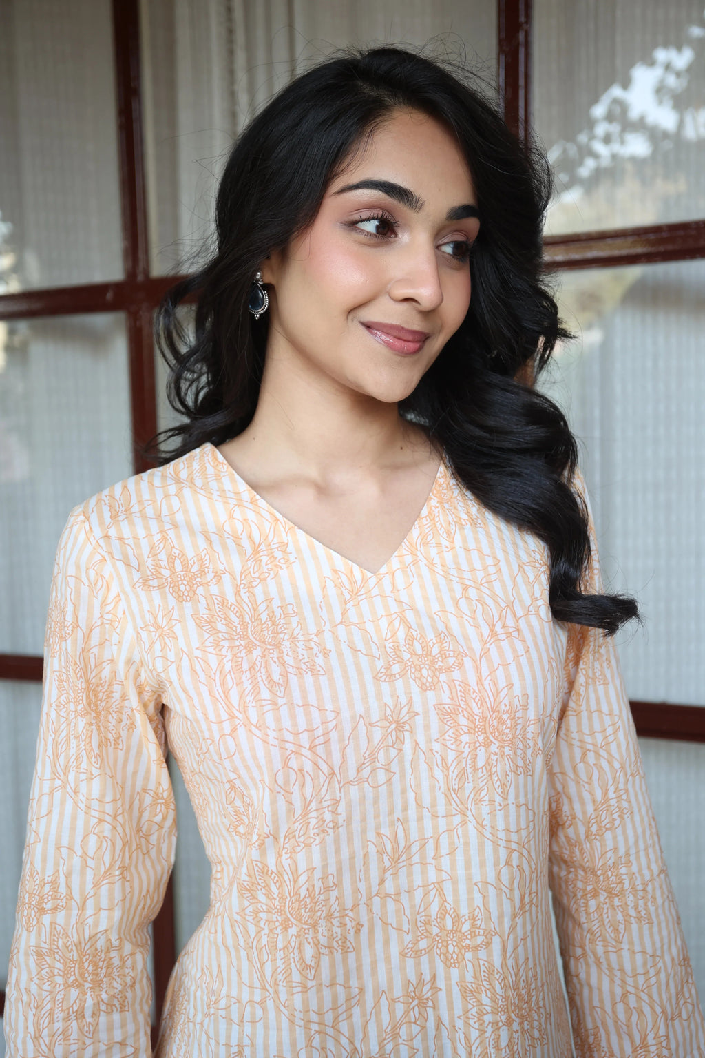 Orange Floral Print Cotton V-Neck Top for Women - SanskrutiHomes 