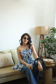 Blue Floral Print Cotton Tie-Up Neck Top for Women - SanskrutiHomes 