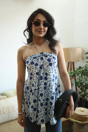 Blue Floral Print Cotton Tie-Up Neck Top for Women - SanskrutiHomes 