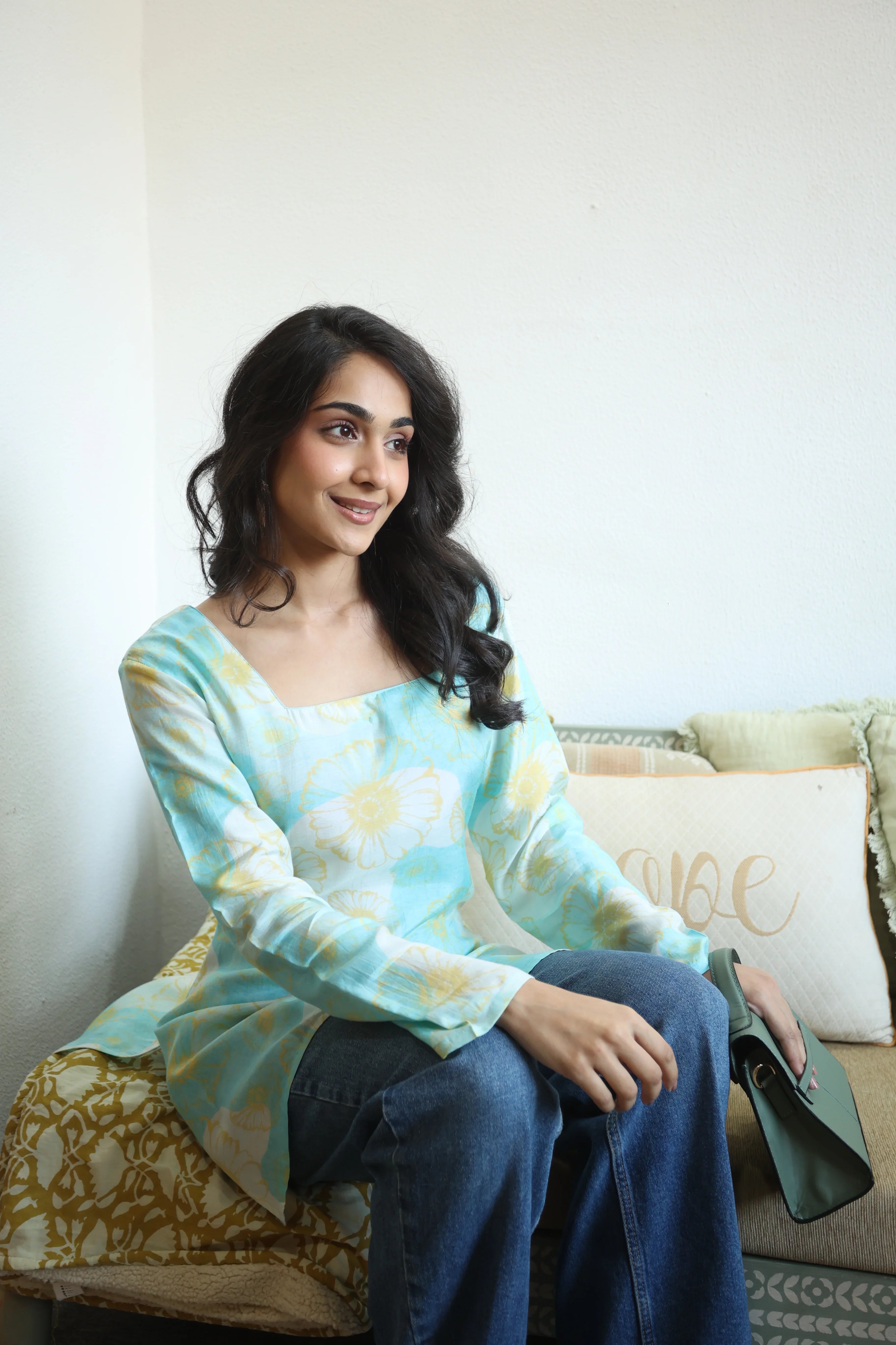Turquoise Blue Floral Print Square Neck Cotton Top for Women - SanskrutiHomes 