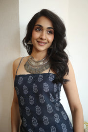 Navy Blue Paisley Print Cotton Square Neck Top for Women - SanskrutiHomes 