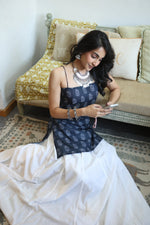 Navy Blue Paisley Print Cotton Square Neck Top for Women - SanskrutiHomes 