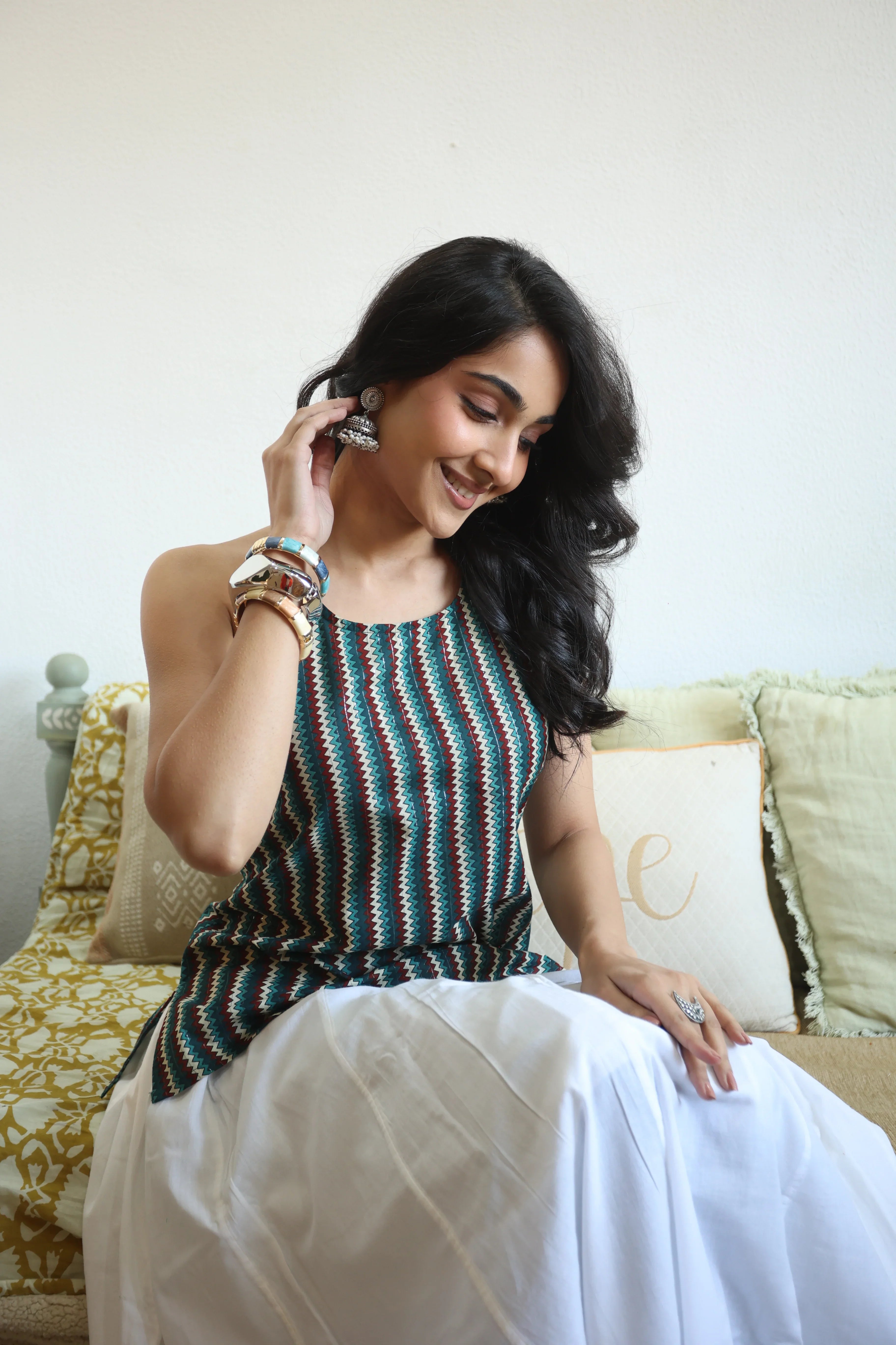 Multi Geometric Print Cotton Round Neck Top for Women - SanskrutiHomes 