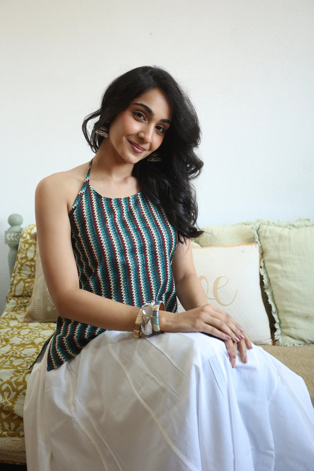 Multi Geometric Print Cotton Round Neck Top for Women - SanskrutiHomes 