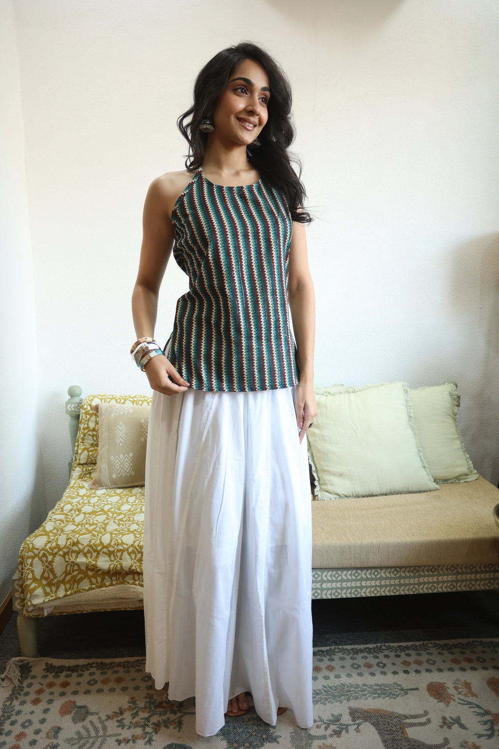 Multi Geometric Print Cotton Round Neck Top for Women - SanskrutiHomes 