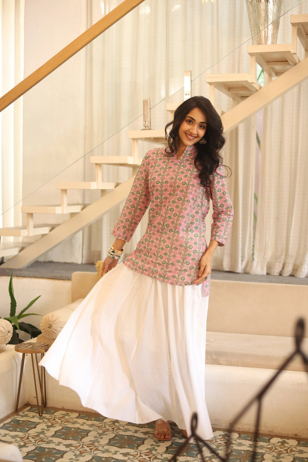 Pink Floral Print Cotton Mandarin Collar Top for Women - SanskrutiHomes 