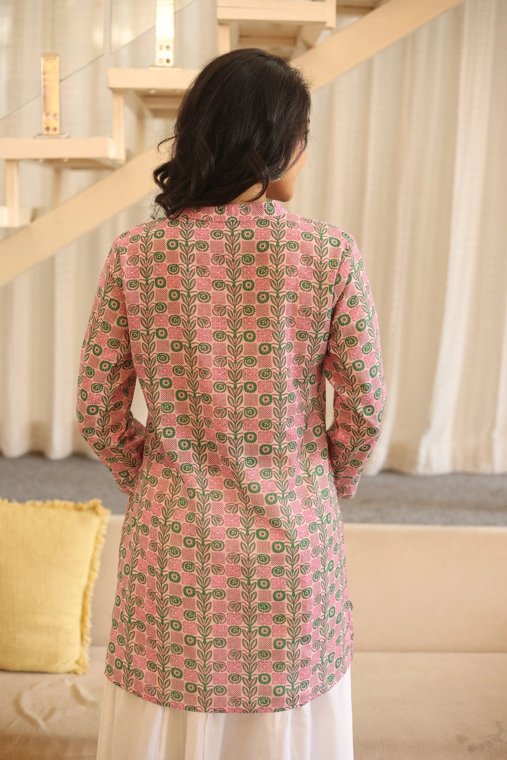 Pink Floral Print Cotton Mandarin Collar Top for Women - SanskrutiHomes 