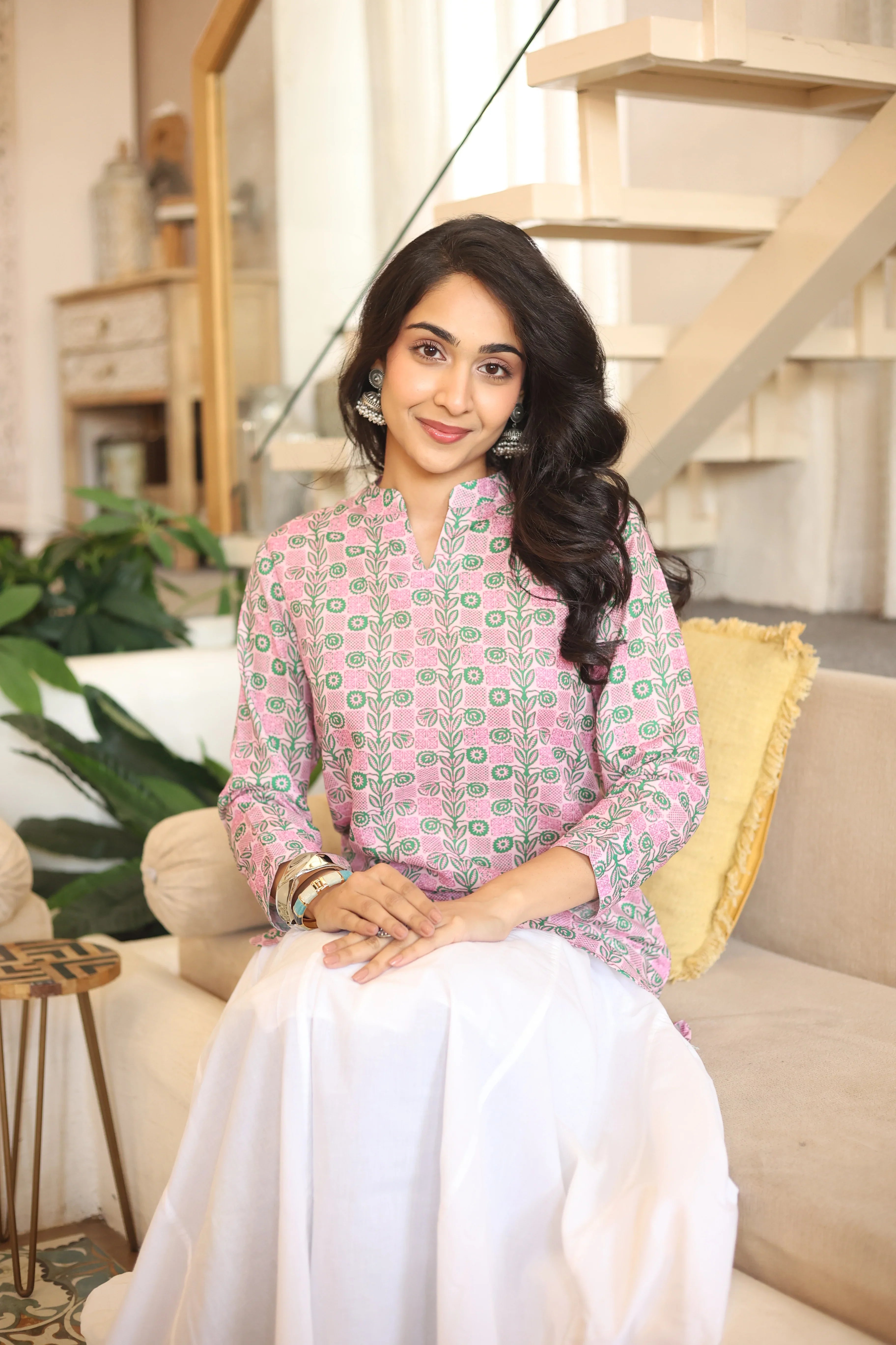 Pink Floral Print Cotton Mandarin Collar Top for Women - SanskrutiHomes 