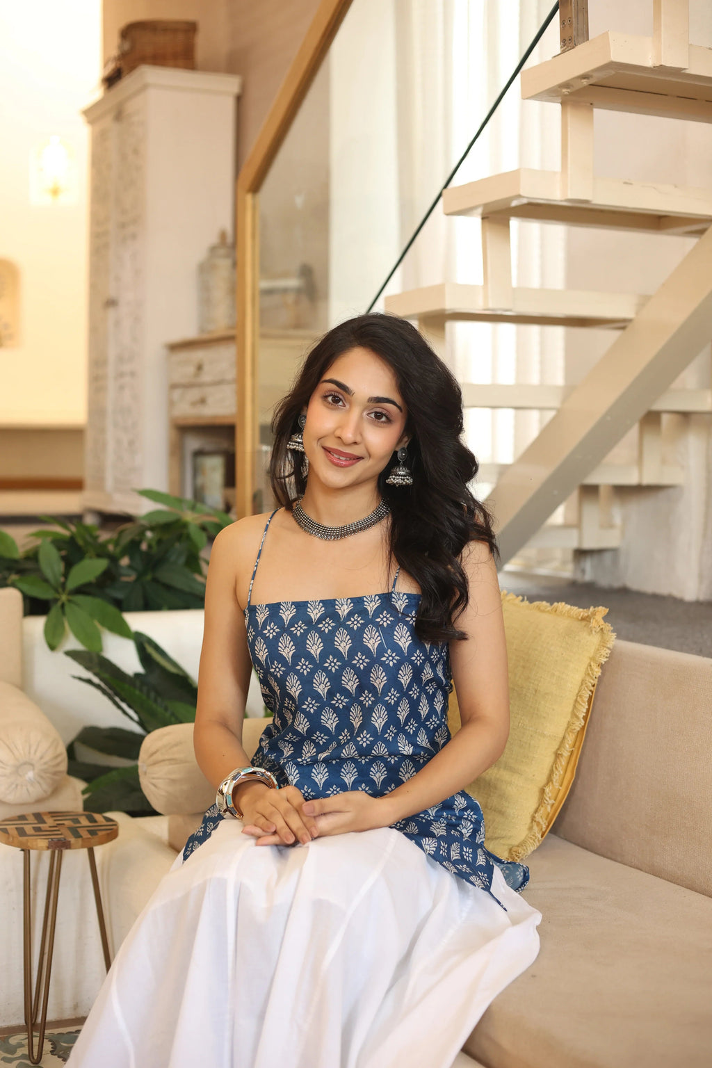 Blue Floral Print Cotton Square Neck Top for Women - SanskrutiHomes 