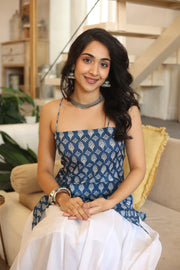 Blue Floral Print Cotton Square Neck Top for Women - SanskrutiHomes 