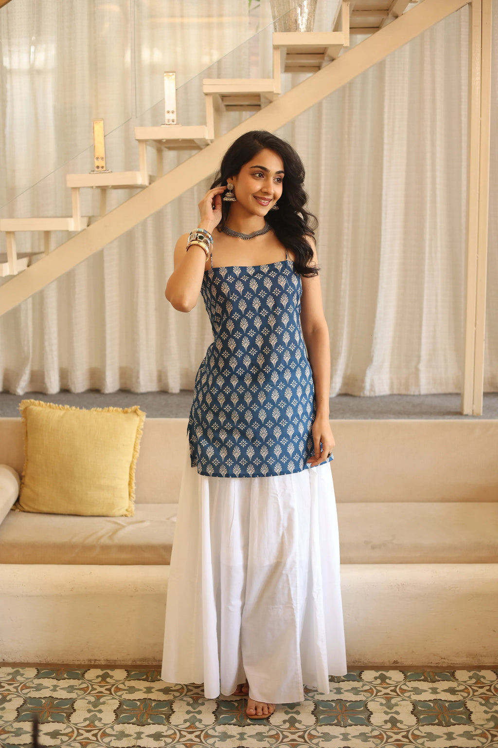 Blue Floral Print Cotton Square Neck Top for Women - SanskrutiHomes 