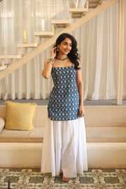 Blue Floral Print Cotton Square Neck Top for Women - SanskrutiHomes 