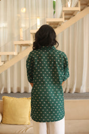 Green Floral Print Cotton Shirt Collar Top for Women - SanskrutiHomes 