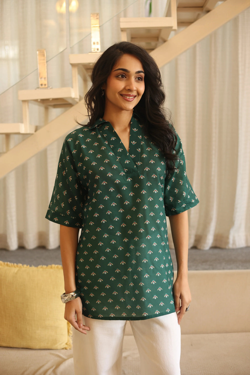 Green Floral Print Cotton Shirt Collar Top for Women - SanskrutiHomes 