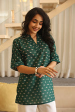 Green Floral Print Cotton Shirt Collar Top for Women - SanskrutiHomes 