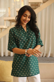 Green Floral Print Cotton Shirt Collar Top for Women - SanskrutiHomes 