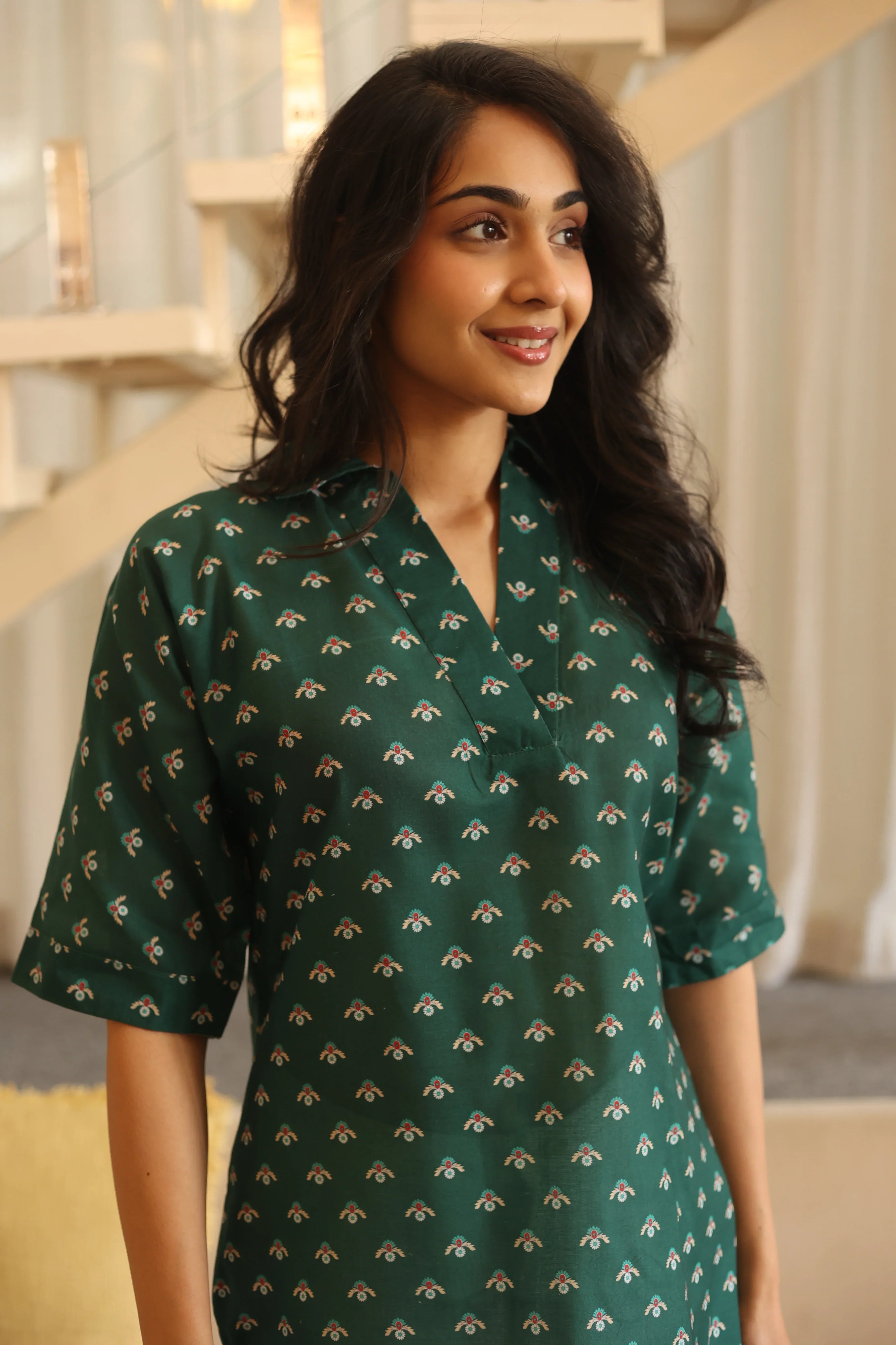 Green Floral Print Cotton Shirt Collar Top for Women - SanskrutiHomes 